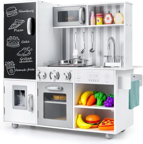 Costzon Juego de cocina para niños, juego de cocina de chef de madera grande con sonidos y luces reales, microondas, pizarra, horno, máquina de