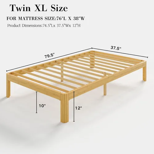 Miniatura 2 de Cama de plataforma de madera individual XL de 12 pulgadas, marco de cama de madera de mediados de siglo, tamaño individual XL, no necesita somier