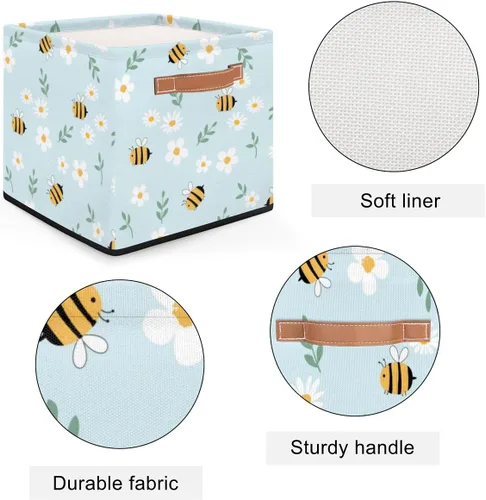 Miniatura 3 de Cesta de almacenamiento plegable de tela con diseño de margaritas de abejas de dibujos animados, 13 x 13 x 13 pulgadas, cubos cuadrados con asas