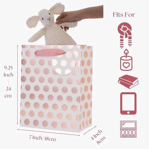 Miniatura 6 de UNIQOOO 12 bolsas de regalo de papel de aluminio de oro rosa a granel, lunares rosas con etiqueta, bolsas de papel kraft de reciclaje duraderas