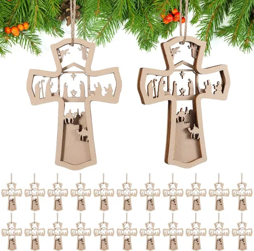 Miniatura 9 de Blulu Juego de 4 piezas de adornos navideños de escena de la natividad, set de regalo a granel, adorno colgante de madera cristiano 3D para árbol