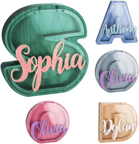 Miniatura 9 de callie Hucha personalizada con múltiples fuentes con texto multicolor grabado, caja de dinero personalizada de madera con inicial para niños