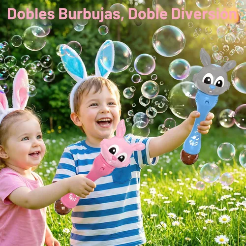 Miniatura 3 de Máquina de burbujas para niños, paquete de 2 varitas de burbujas de conejo, soplador automático de burbujas de conejo, juguetes de burbujas