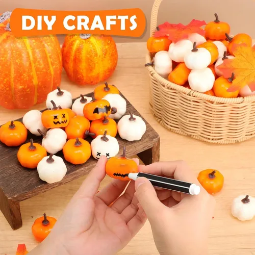 Miniatura 4 de Thyle 400 piezas de decoración de otoño a granel, 200 mini calabazas falsas y 200 piezas de hojas de otoño, juego de calabaza artificial