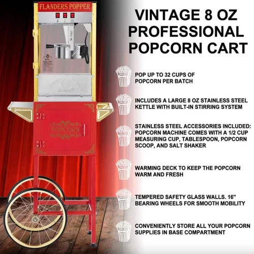 Miniatura 4 de Máquina de palomitas de maíz de 8 onzas con carrito – 3 galones por lote, estilo vintage profesional para hacer palomitas de maíz estilo teatro