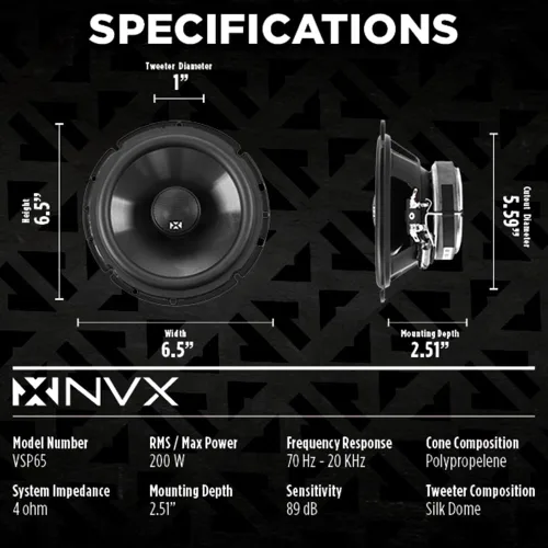 Miniatura 4 de NVX VSP65 - Altavoces para automóvil de 6.5 pulgadas, 600 W máximo, 200 W RMS, coaxial de 2 vías de 6-1/2 pulgadas con tweeters de cúpula de seda