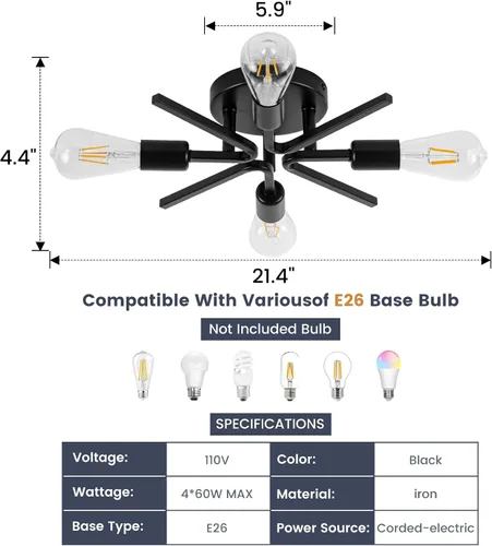 Miniatura 6 de 4 Luces Estilo Granja Sputnik Accesorios de Iluminación Accesorios de Techo Negro Industrial Lámpara Empotrada de Montaje al Ras Accesorio de Luz