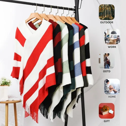 Miniatura 5 de Suéter tipo poncho a rayas para mujer, estilo casual, chal con flecos versátiles