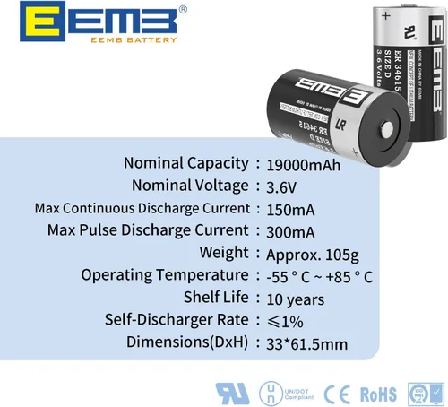 Miniatura 2 de EEMB Paquete de 8 pilas ER34615 D de 3,6 V, batería de litio de 19 Ah Li-SOCL2, batería no recargable LS-33600 SB-D02 XL-205F para máquina