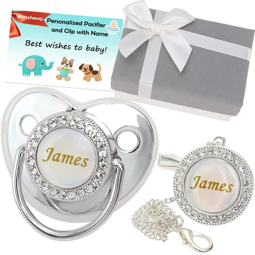 Miniatura 6 de Chupete personalizado con nombre, juego de clip para chupete dorado brillante con caja de regalo, tarjeta de felicitación, lujoso chupete de cristal