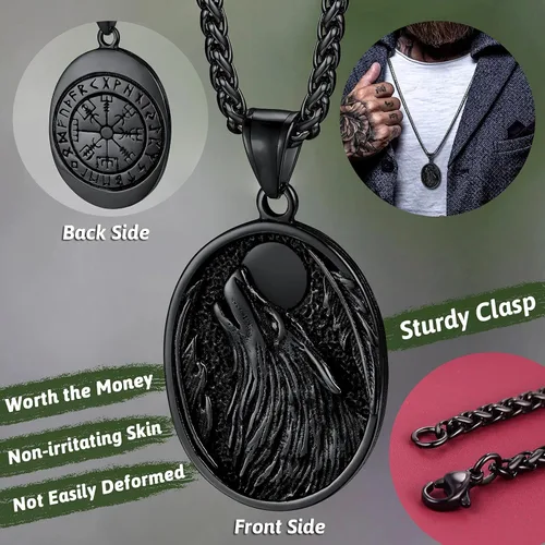 Miniatura 3 de FaithHeart Collar con colgante de lobo vikingo nórdico para hombres y mujeres, acero inoxidable, chapado en oro de 18 quilates, joyería con embalaje