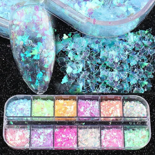 Miniatura 2 de 12 rejillas de lámina de uñas holográficas, copos de papel de aluminio holográfico para uñas, confeti con purpurina dorada y plateada, copos