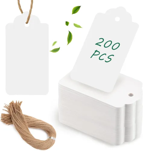 100 etiquetas de regalo de papel kraft con cuerda de yute natural de 100 raíces (rizo de agua)., 6283962, 200 unidades de color blanco., 1