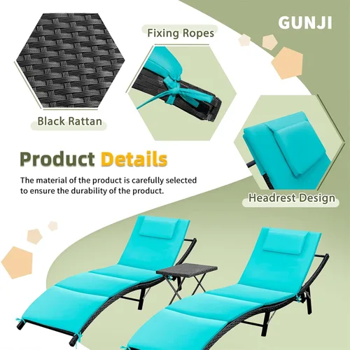 Miniatura 4 de GUNJI Tumbonas para exteriores de 3 piezas, tumbonas ajustables para patio, juego de 2 tumbonas de mimbre para exteriores con mesa, tumbona plegable