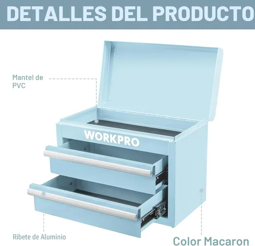 Miniatura 3 de WORKPRO Caja de herramientas mini de metal, cajonera superior con dos cajones con guías de rodamiento de bolas, forros de PVC para cajones y Azul