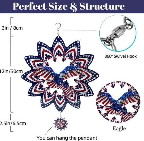 Miniatura 4 de Hilanderos de Águila para Patio y Jardín, Hilandero de Viento Colgante, Atrapadores de Viento 3D de Metal, Hilandero Cinético de Bandera Americana