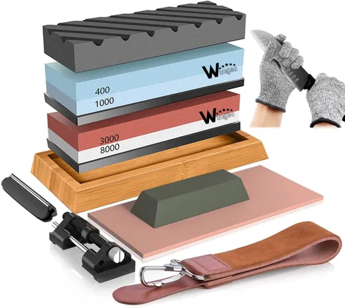 Kit de piedra de afilar cuchillos – 400/1000 3000/8000 Grit Wet Kitchen Whetstone juego de afilador de cuchillos con base de goma de bambú