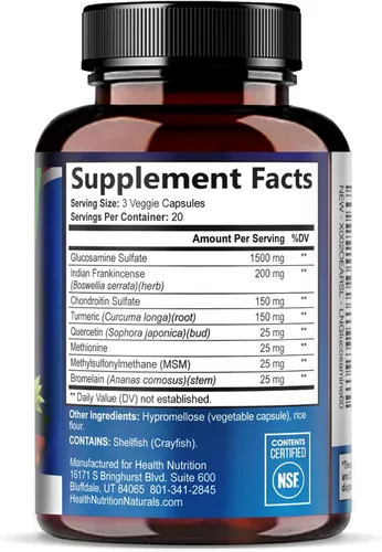 Miniatura 9 de Complejo de glucosamina condroitina MSM - Suplemento de apoyo articular de fuerza 3X con sulfato de glucosamina, cúrcuma, boswellia - Para