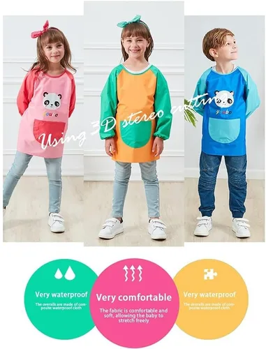 Miniatura 5 de Delantal para pintar para niños, delantal con bolsillos para niños y niñas, impermeable, manga larga, delantal de artista, Azul Panda