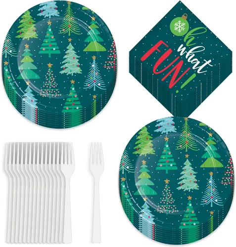 Miniatura 7 de Suministros para fiestas navideñas - Platos de postre de papel, servilletas para bebidas y tenedores de aldea navideña de invierno (para 16 personas)