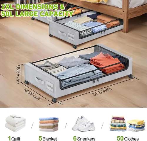 Miniatura 2 de Almacenamiento debajo de la cama con ruedas, paquete de 4 contenedores de almacenamiento debajo de la cama con tapas y cremalleras transparentes