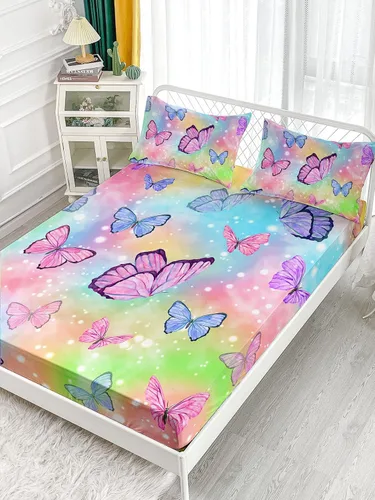 Miniatura 3 de Datura home - Juego de sábanas bajeras y sábanas encimeras, 4 piezas, colorido juego de ropa de cama con estampado de mariposas arcoíris con 1
