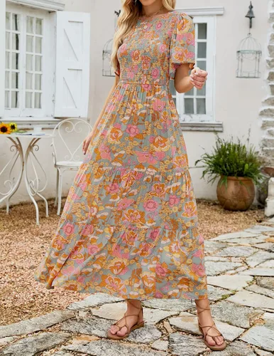 Miniatura 8 de ZESICA Women's 2023 Summer Casual Floral Print Short Flutter Sleeve Crew Neck Smocked High Waist Flowy Maxi Dress