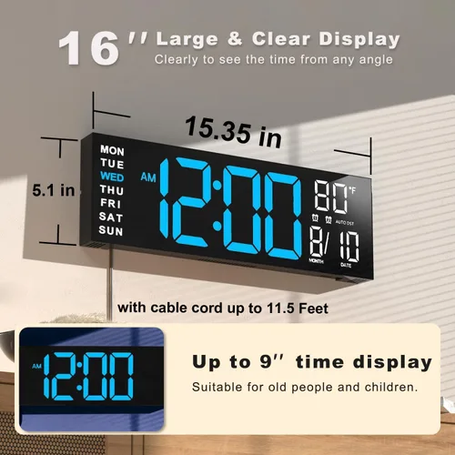 Miniatura 2 de JALL Reloj de pared grande de 16" digital con montaje en pared, temporizador de cuenta regresiva, alarma, LED grande, color RGB, horario de verano
