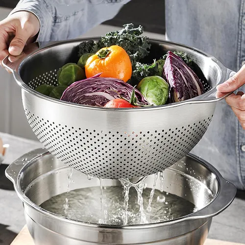 Miniatura 6 de Juego de 3 coladores de acero inoxidable para cocina, colador de pasta para arroz, alimentos, frutas, espaguetis y verduras