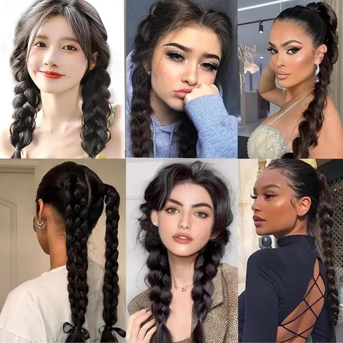 Miniatura 3 de 2 paquetes de 16 pulgadas de extensión de cola de caballo trenzada larga negra para mujeres negras con banda elástica, trenzado recto, extensiones