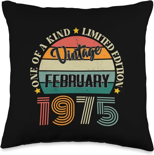 Vintage Birthday Retro Limited Edition Retro Gifts 49 Year Old Vintage February 1975 49th Birthday Retro Throw Pillow, 16x16, Multicolor
