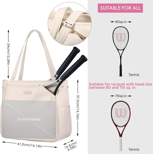 Miniatura 3 de CHICECO Bolsa de tenis para mujer, bolsa de raqueta de tenis grande, bolsa de tenis 2 raquetas, bolsa de pickleball, bolsa de pádel Beige