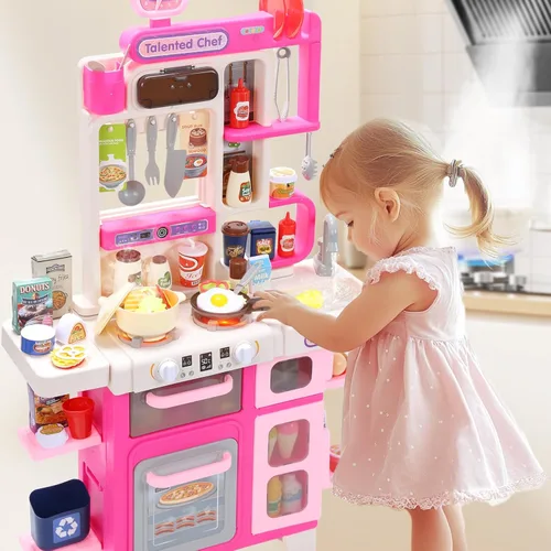 Miniatura 9 de CUTE STONE Juego de cocina para niños, juego de cocina con sonido y luz, estufa de cocina con vapor, fregadero de juguete, juguete de comida y Rosa