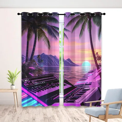 Miniatura 10 de Synthwave - Cortinas opacas para ventanas de cocina, cortinas de neón Cyberpunk City para decoración de dormitorio, sala de estar, cortinas retro