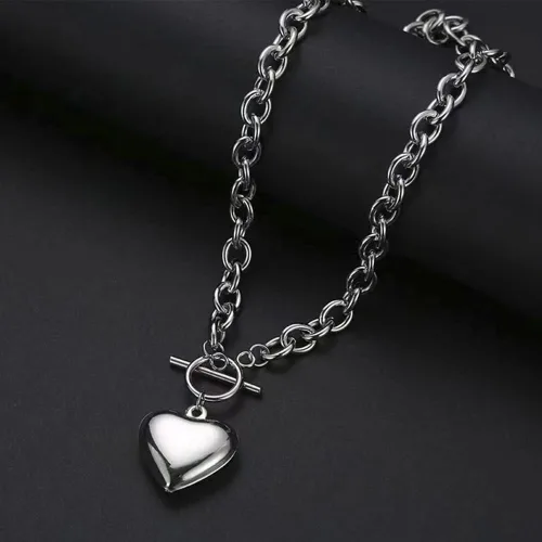 Miniatura 6 de Collar con dije de corazón de acero inoxidable plateado, gargantilla con dije de cadena de cable, joyería para mujeres y niñas