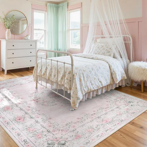 Miniatura 10 de Wonnitar Alfombras rosas para dormitorio, niñas, guardería, alfombra lavable con estampado floral de 5 x 7 pies, bohemio, ultrafina, antideslizante