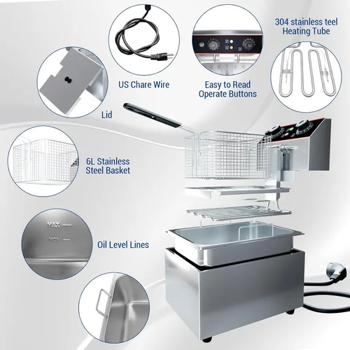 Miniatura 3 de Freidora eléctrica comercial de 6 L (6.5 cuartos de galón) con 1 cesta, freidora de acero inoxidable de 1500 W para uso doméstico, temperatura