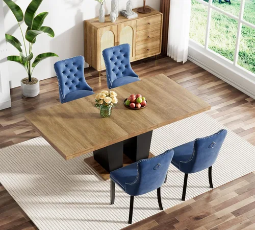 Miniatura 108 de Juego de mesa de comedor extensible marrón de 63 a 78.74 pulgadas para 4, juego de mesa de comedor de 5 piezas con 4 sillas, mesa de cocina