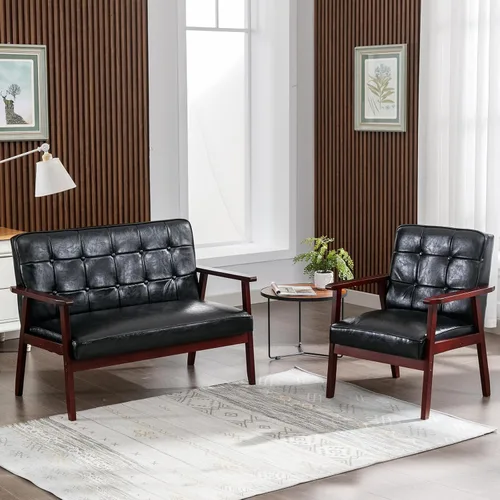 Okeysen Juego de sofá loveseat moderno (negro) - Cuero ergonómico, diseño de mediados de siglo, 2 asientos y silla decorativa, muebles para espacios
