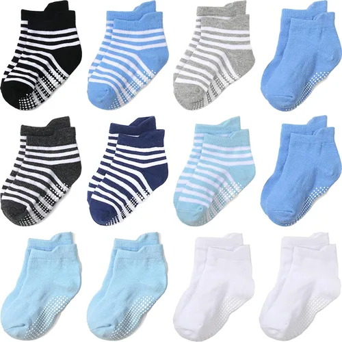 Miniatura 28 de Calcetines antideslizantes con agarre para tobillos, paquete de 12 unidades para niños pequeños, niños y niñas, lindos calcetines de algodón