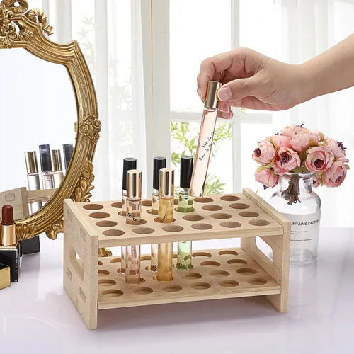 Miniatura 3 de ELLDOO Organizador de perfume Rollerball, soporte de almacenamiento de perfume de bambú para 24 espacios, soporte de aroma de belleza con asa
