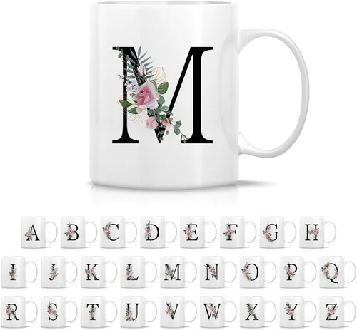 Miniatura 20 de Retreez Ramo botánico floral inicial A-Z con monograma, taza con monograma de cerámica de 11 onzas, regalo de agradecimiento de agradecimiento