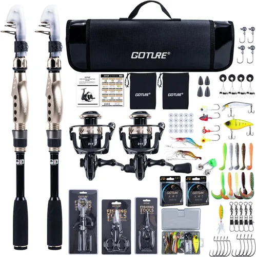 Miniatura 20 de Goture Combo de Caña de Pescar y Carrete - Caña de Pescar Telescópica de Fibra de Carbono - Carrete Giratorio con 9+1 Rodamientos Blindados de Acero