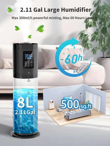 Miniatura 2 de Humidificadores de 8L para Dormitorio, 30dB Silencioso, Cobertura de 500 pies², Tiempo de Funcionamiento de 60H, Llenado Superior, Humidificador