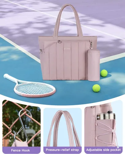 Miniatura 5 de Bolsa acolchada de tenis para mujer, bolsa de lona para gimnasio con compartimento para zapatos y bolsillo húmedo, se adapta de 2 a 4 raquetas y Rosa