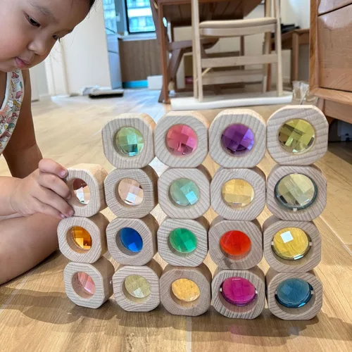 Miniatura 4 de 20 piezas de bloques de gemas de madera, juguetes de apilar, bloques de ventanas acrílicos coloridos, cubos de construcción de cristal acrílico