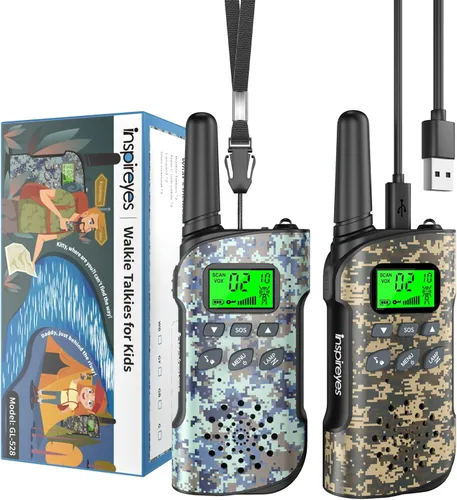 Inspireyes Walkie Talkies para niños recargables, juguetes para niños y niñas de 3 a 12 años, paquete de 2 radios bidireccionales de largo alcance,