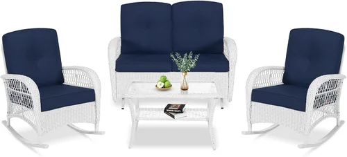 Miniatura 52 de VIVIJASON Silla mecedora de mimbre para exteriores, 2 piezas, sillas mecedoras de ratán para patio con cojines y marco de acero, muebles de mimbre