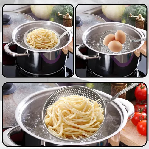 Miniatura 5 de Juego de 3 cucharas de colador y espumadera de araña, cucharón de acero inoxidable, tamiz de alambre de metal, agujeros grandes, colador ranurado