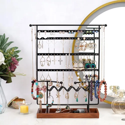 Miniatura 3 de Soporte organizador de aretes organizador de aretes con bandeja de madera soporte de joyería para collares aretes pulseras relojes y anillos soporte